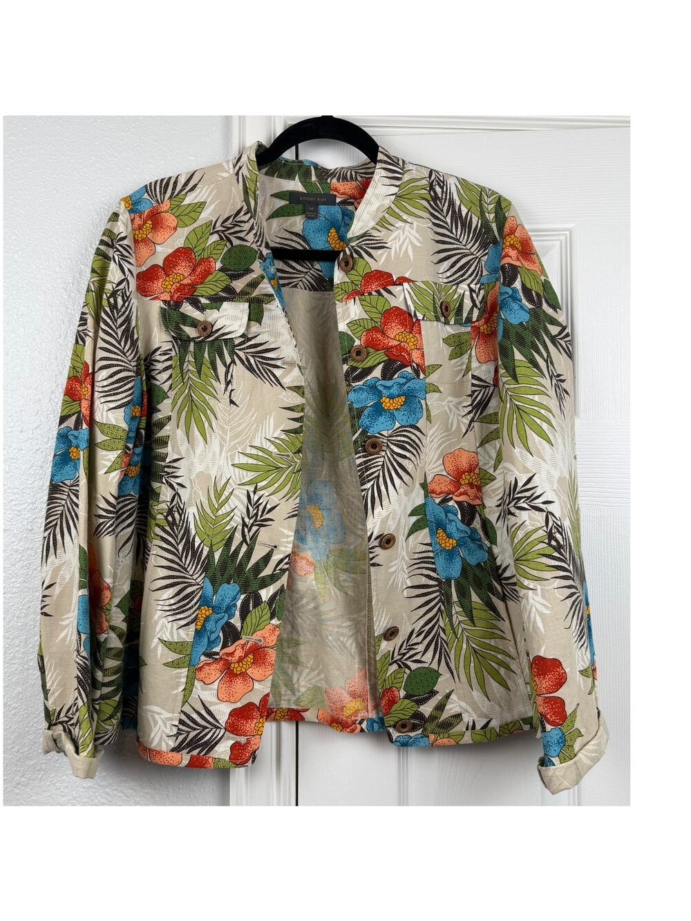 Amber Sun Tropical Floral Cotton Linen Jacket Button Front Resort Medium